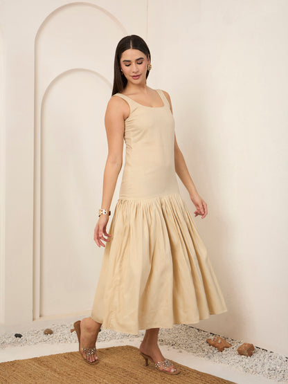 Beige Poplin Fit & Flare Midi Dress