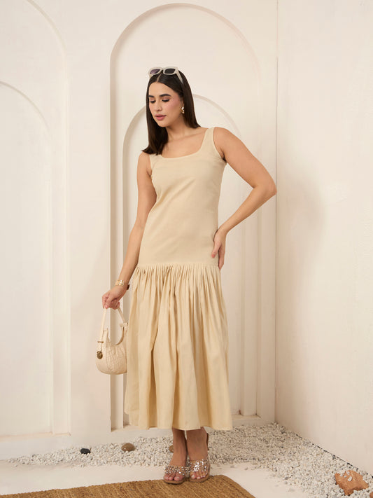 Beige Poplin Fit & Flare Midi Dress