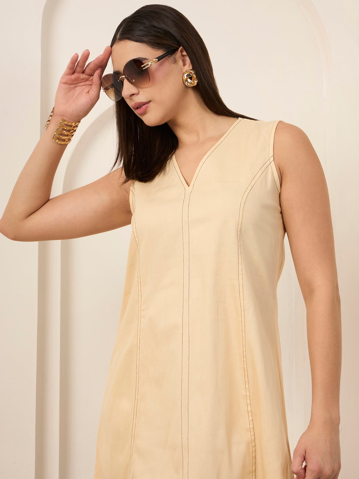 Beige Contrast Thread Work Dress