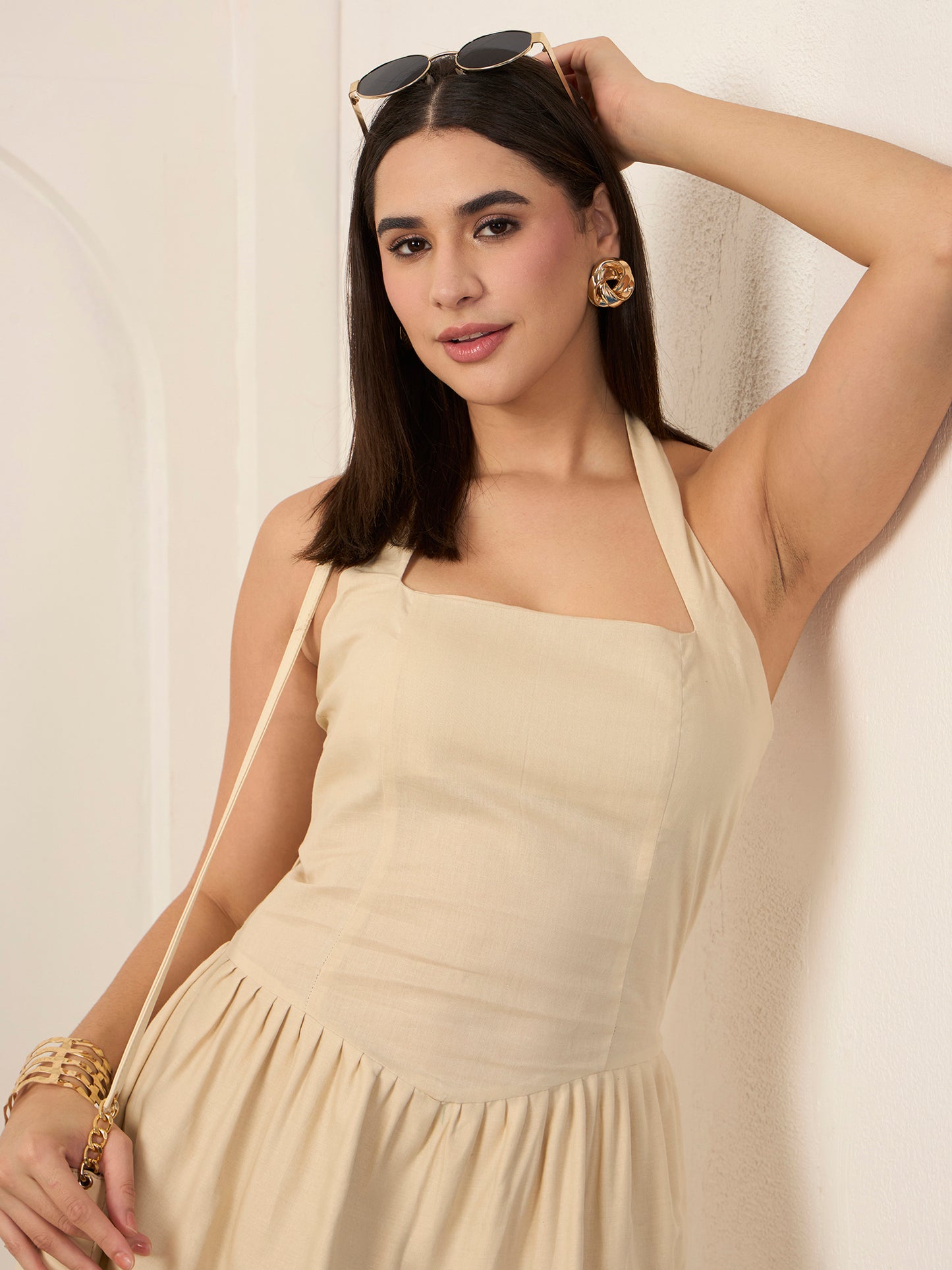 Beige Halter Neck Bubblegum Mini Dress