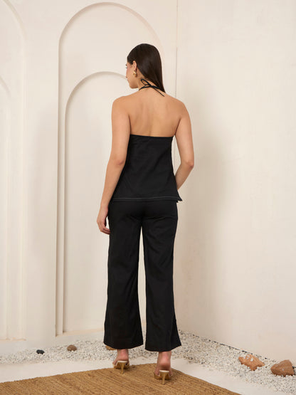 Black Poplin Contrast Thread Work Co-ord Set
