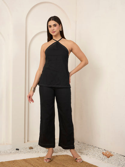 Black Poplin Contrast Thread Work Co-ord Set