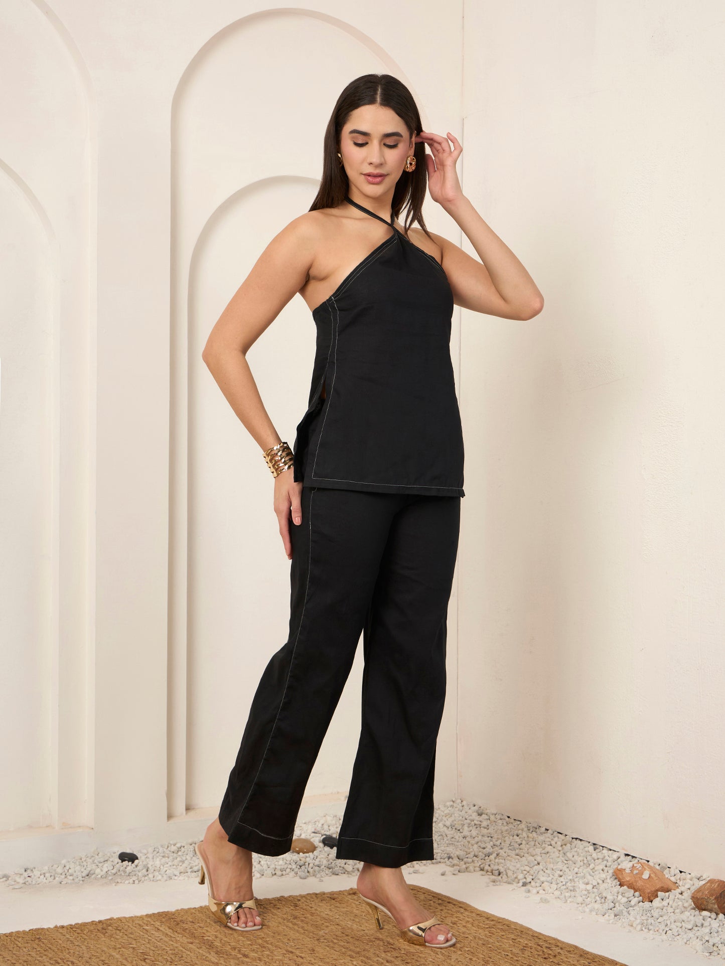 Black Poplin Contrast Thread Work Co-ord Set