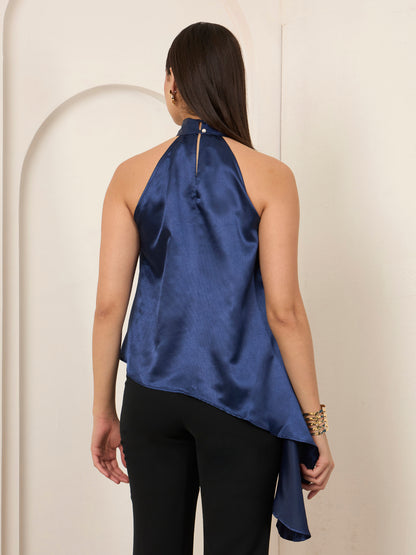 Blue Satin Asymmetric Halter Neck Top