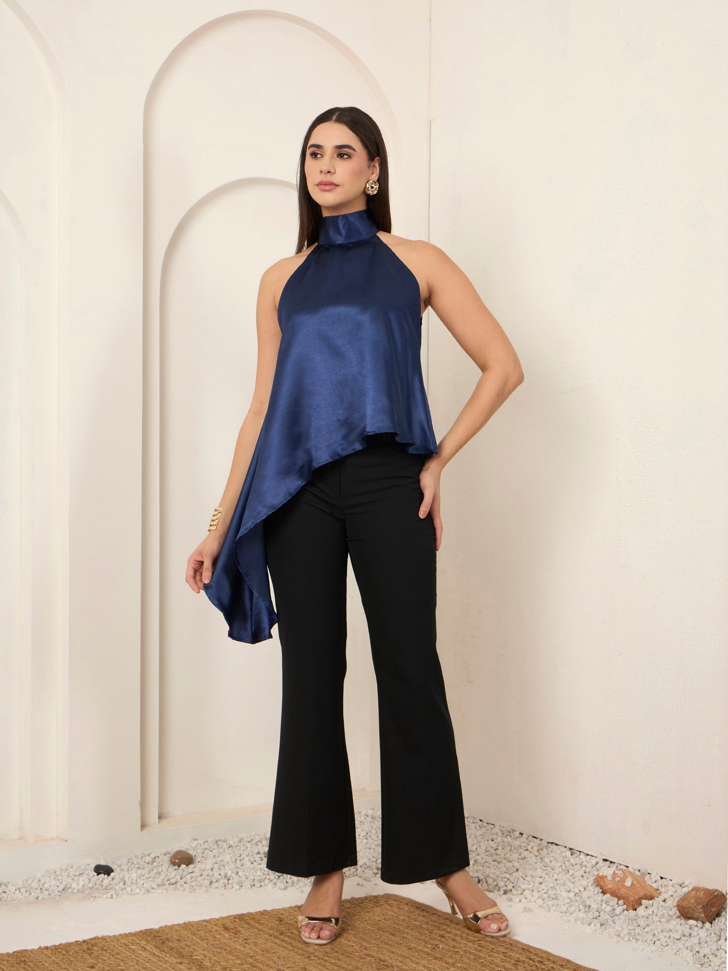 Blue Satin Asymmetric Halter Neck Top
