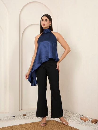 Blue Satin Asymmetric Halter Neck Top