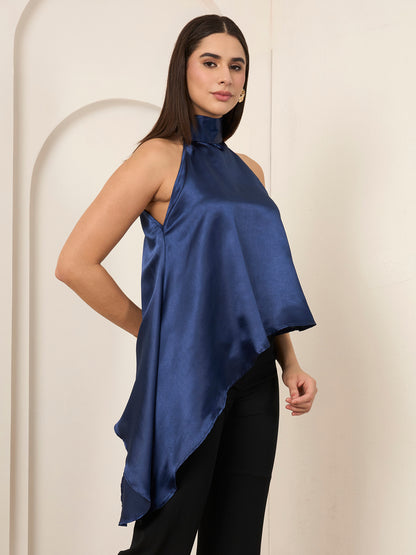 Blue Satin Asymmetric Halter Neck Top
