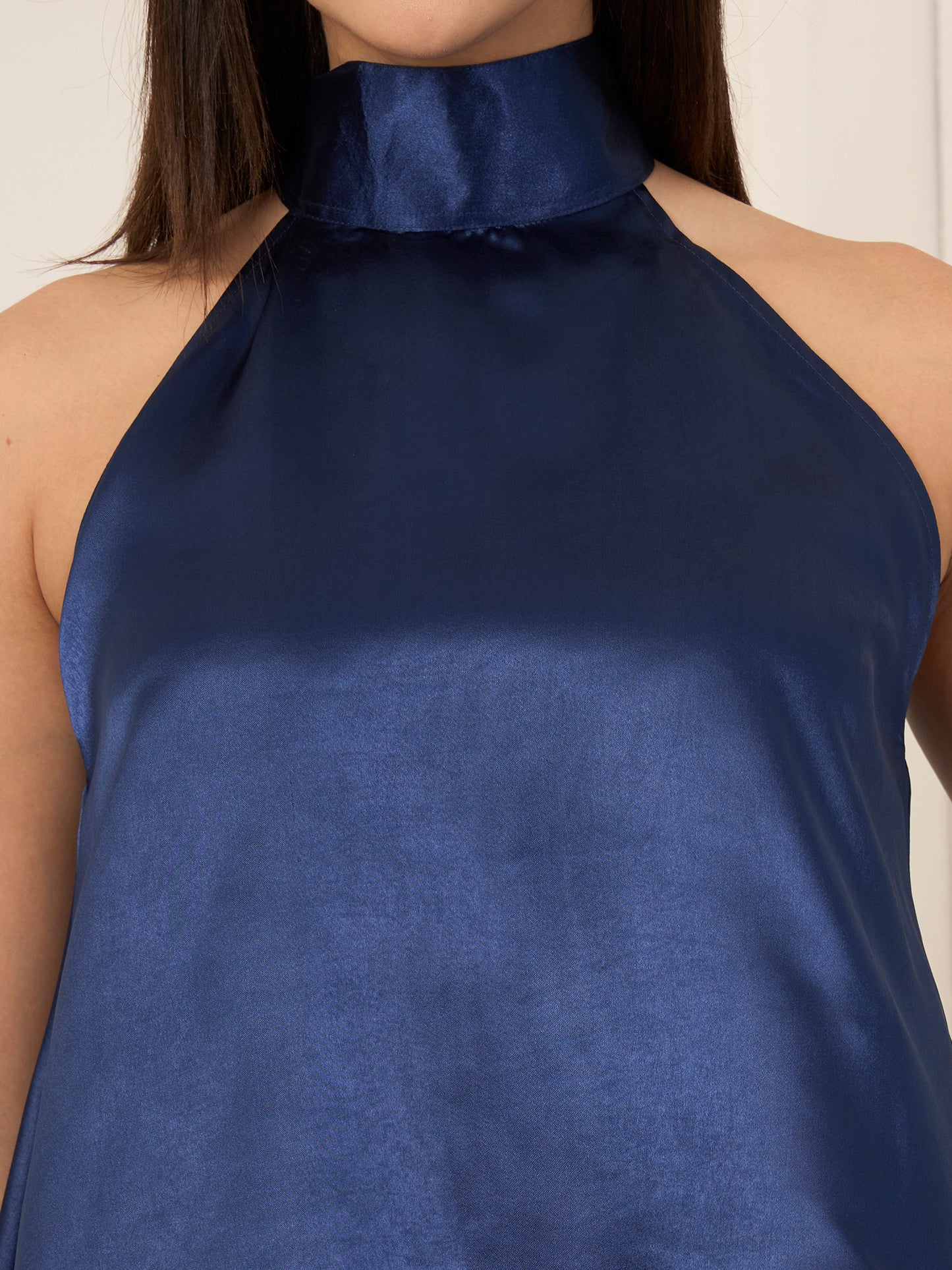 Blue Satin Asymmetric Halter Neck Top