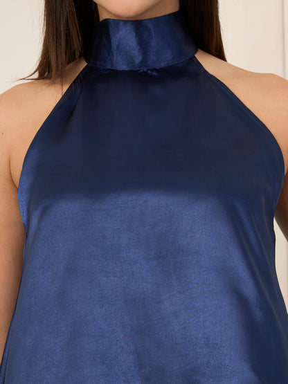 Blue Satin Asymmetric Halter Neck Top