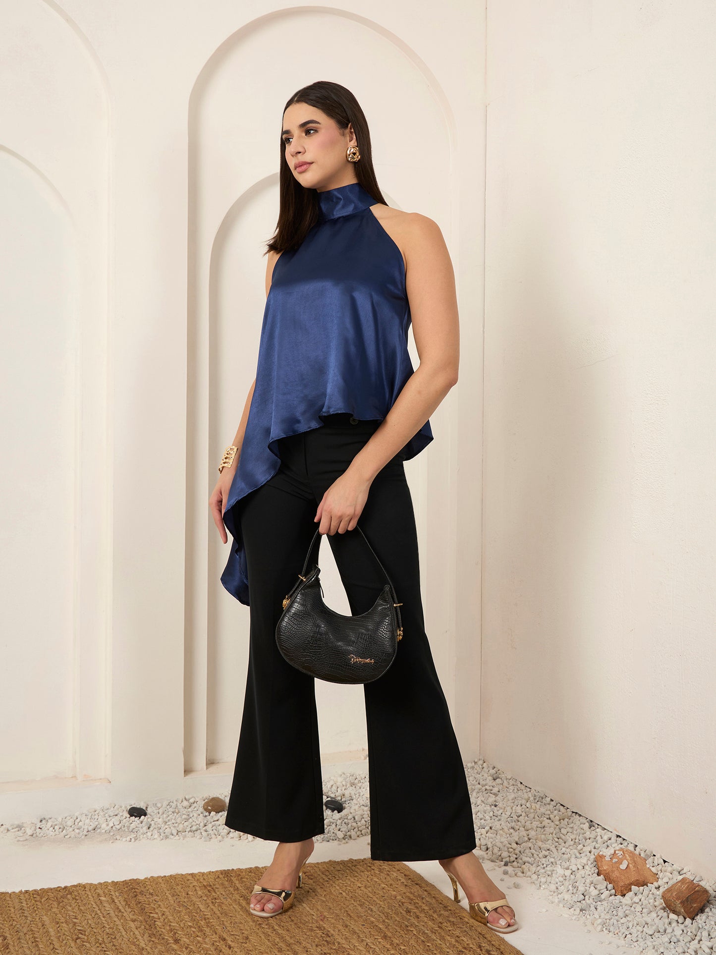 Blue Satin Asymmetric Halter Neck Top