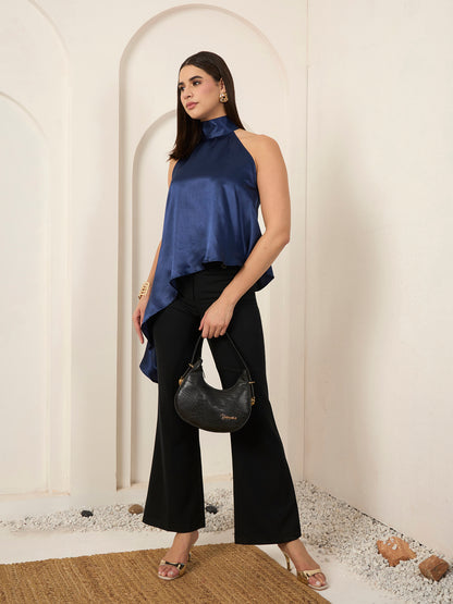 Blue Satin Asymmetric Halter Neck Top