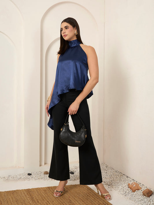 Blue Satin Asymmetric Halter Neck Top