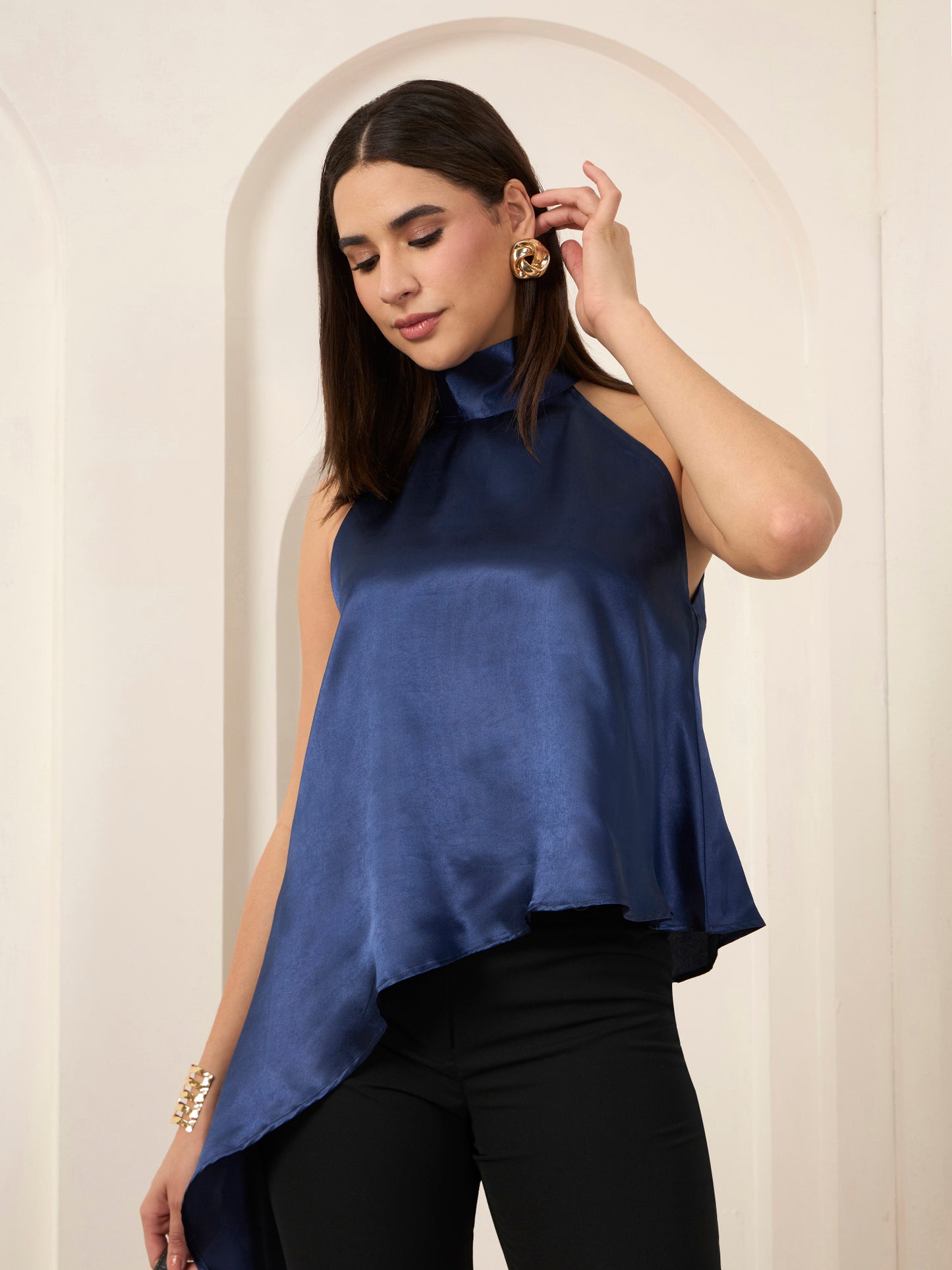 Blue Satin Asymmetric Halter Neck Top