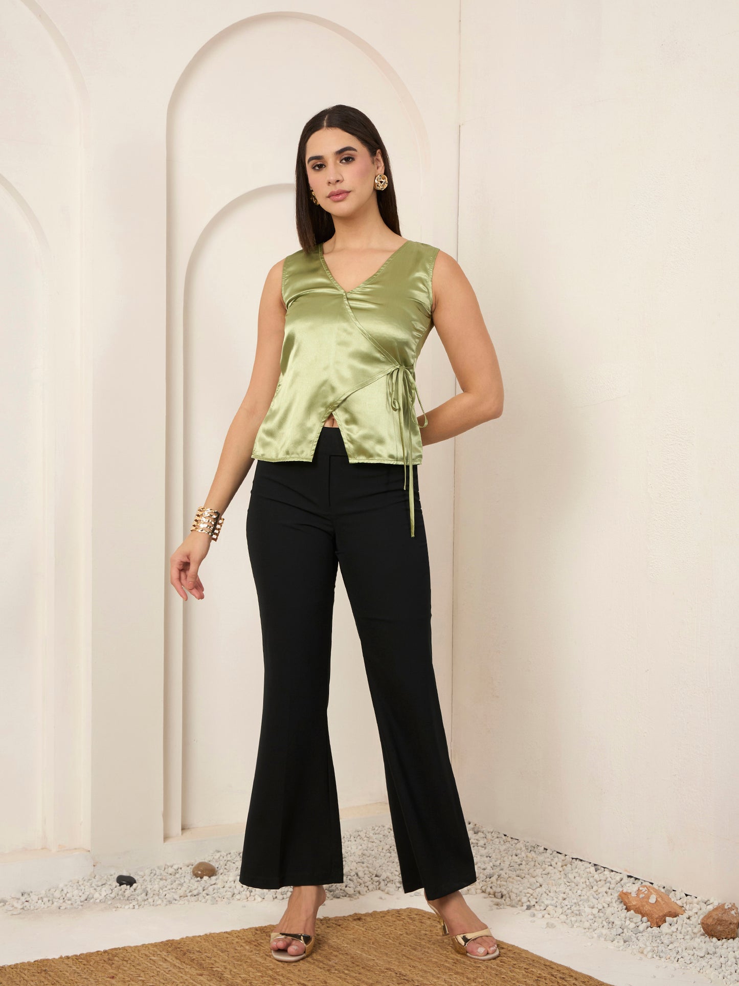 Sage Satin Warp Tie-up Top