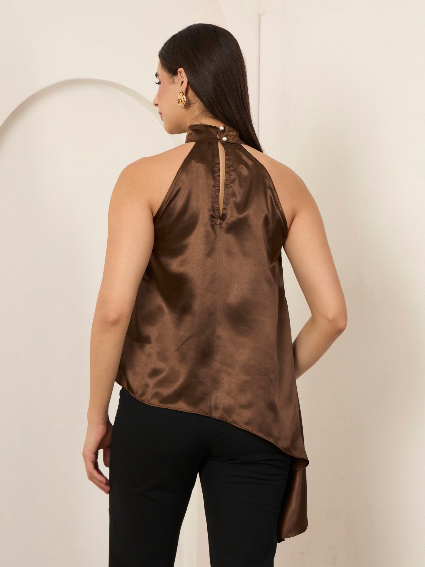 Coffee Satin Asymmetric Halter Neck Top