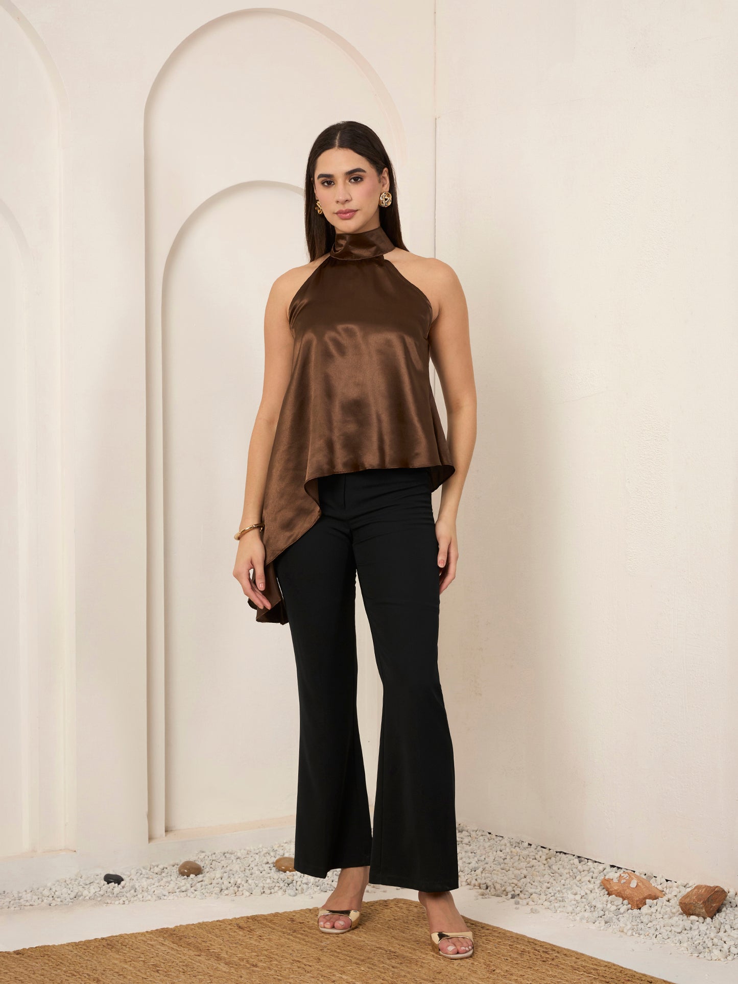 Coffee Satin Asymmetric Halter Neck Top