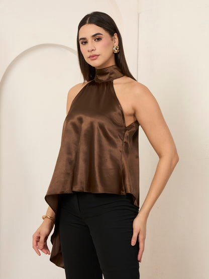 Coffee Satin Asymmetric Halter Neck Top