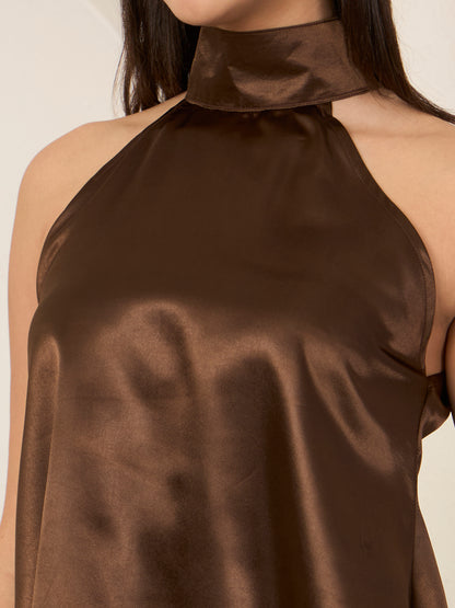 Coffee Satin Asymmetric Halter Neck Top