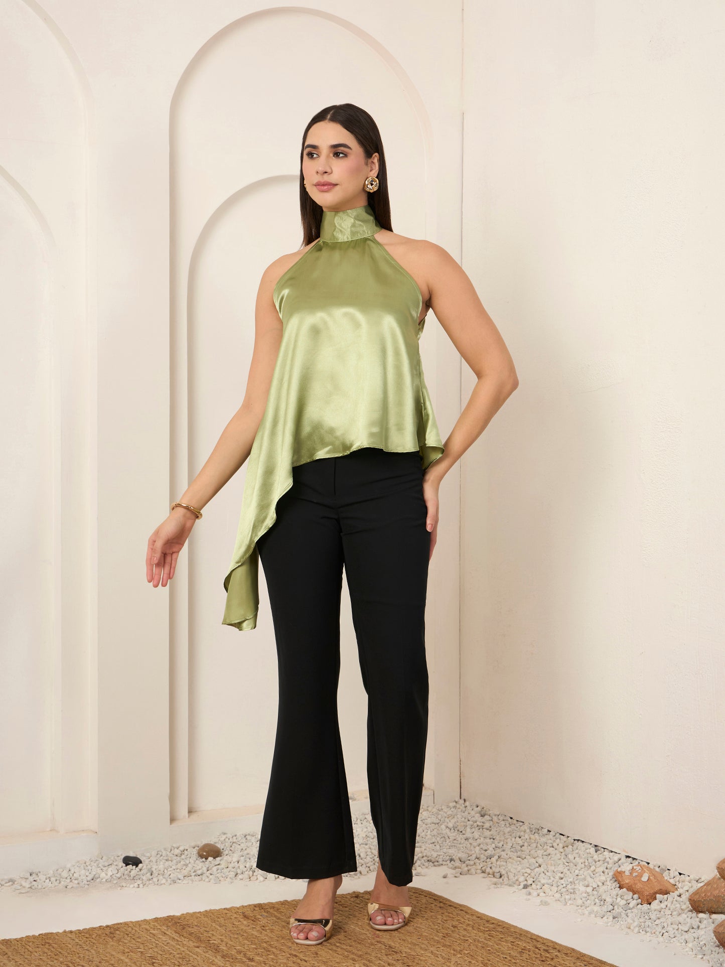 Sage Satin Asymmetric Halter Neck Top