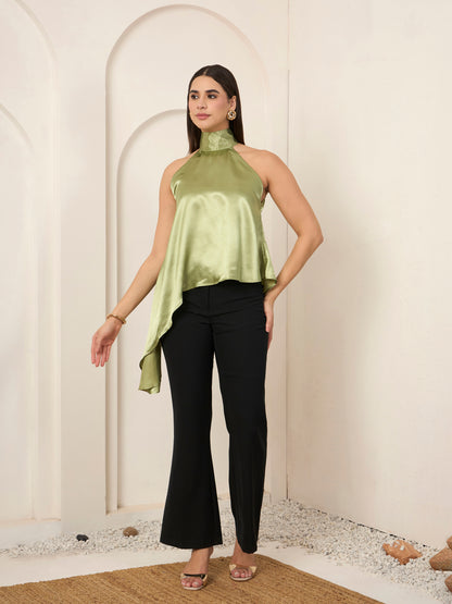 Sage Satin Asymmetric Halter Neck Top