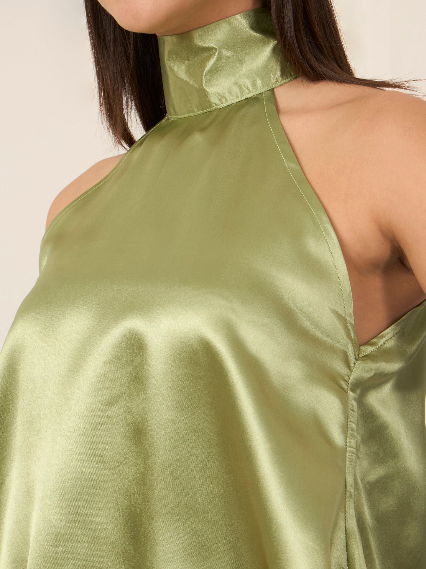 Sage Satin Asymmetric Halter Neck Top