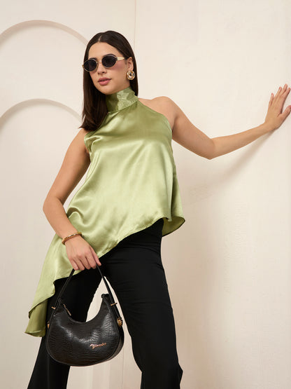 Sage Satin Asymmetric Halter Neck Top