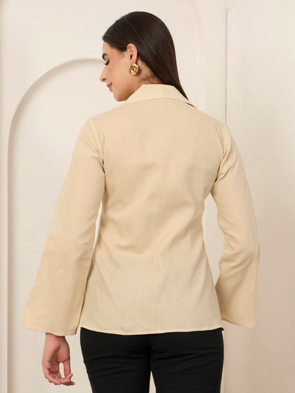 Beige Poplin Front Tie-up Shirt