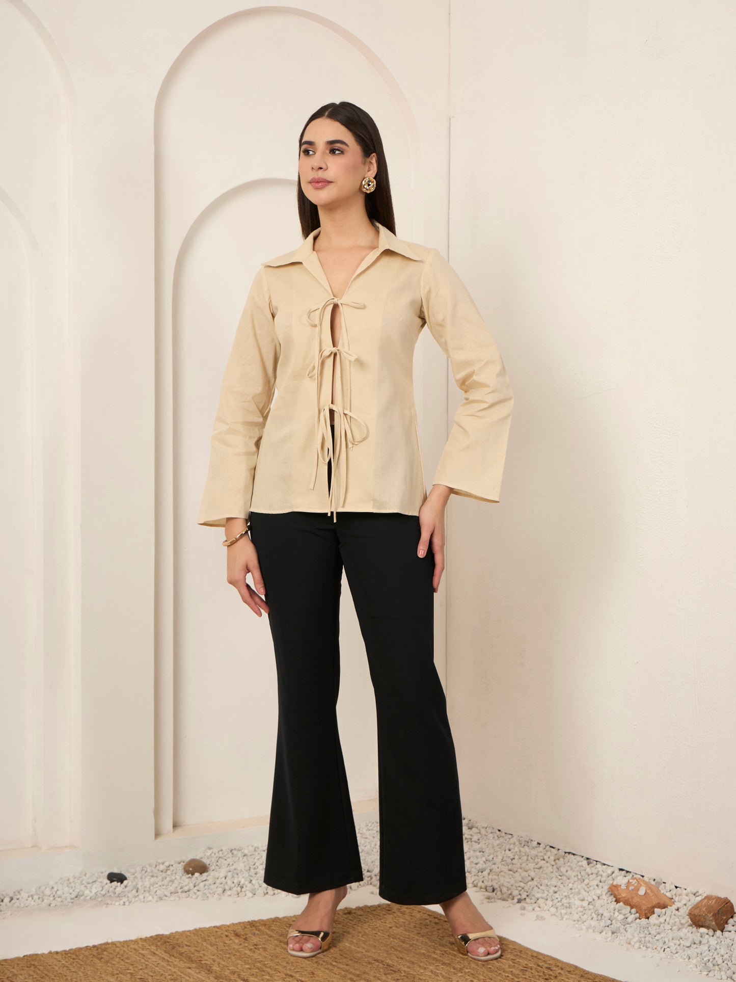 Beige Poplin Front Tie-up Shirt