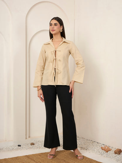 Beige Poplin Front Tie-up Shirt