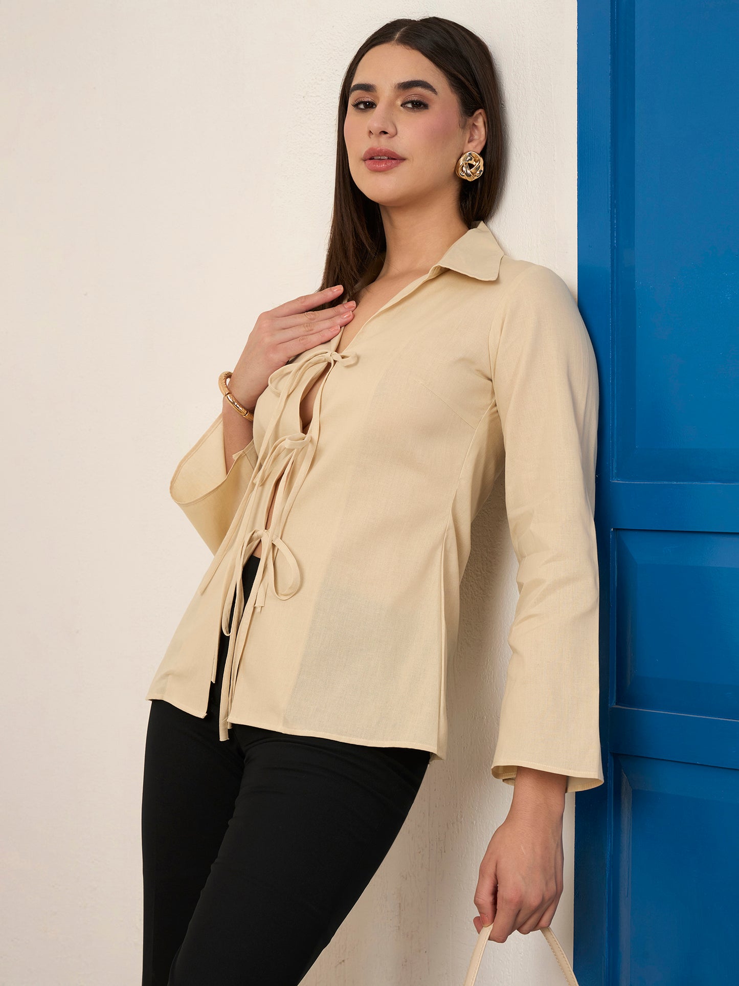 Beige Poplin Front Tie-up Shirt