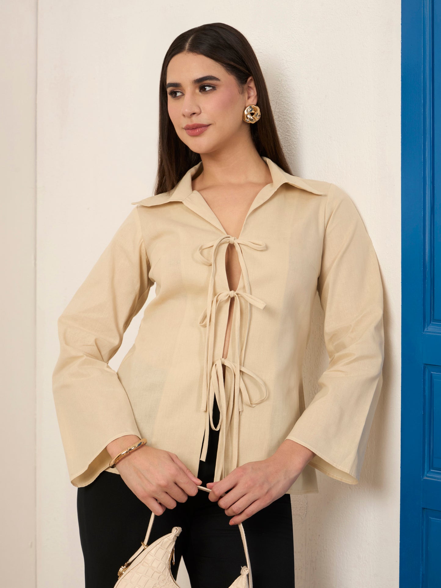 Beige Poplin Front Tie-up Shirt