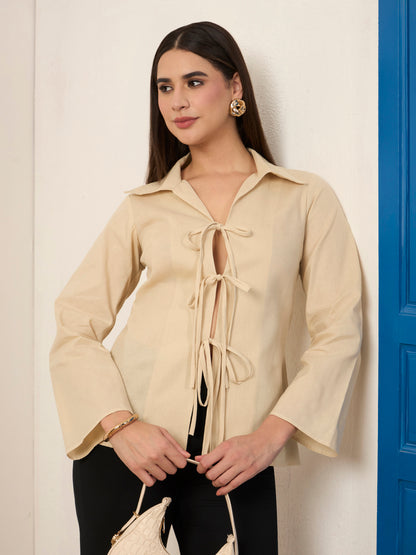 Beige Poplin Front Tie-up Shirt