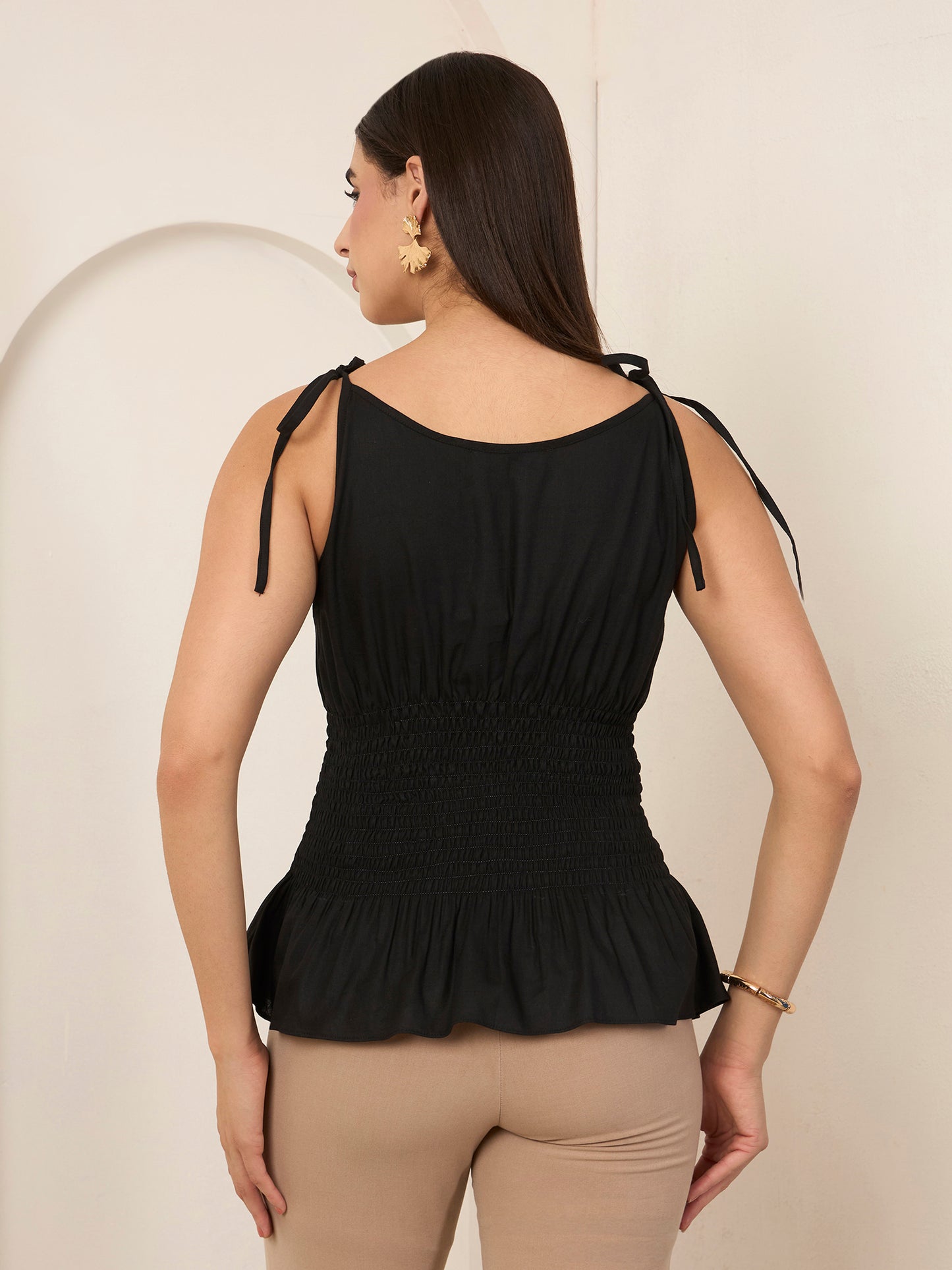 Black Poplin Smocked Detailed Top