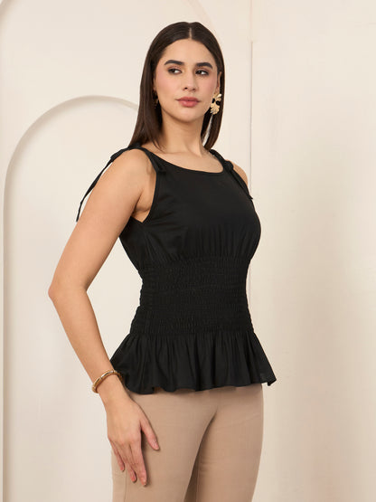 Black Poplin Smocked Detailed Top