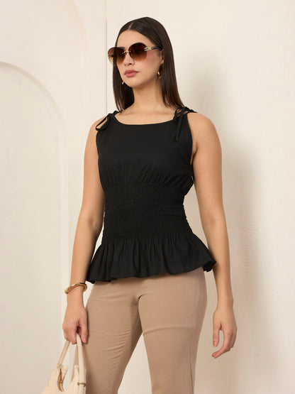 Black Poplin Smocked Detailed Top