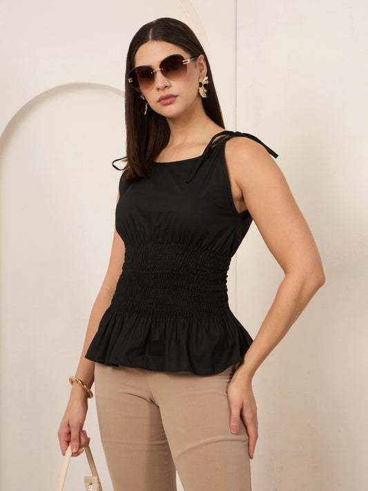 Black Poplin Smocked Detailed Top