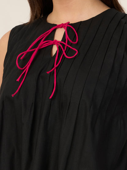Black Poplin Pin Tuck Detailed Top