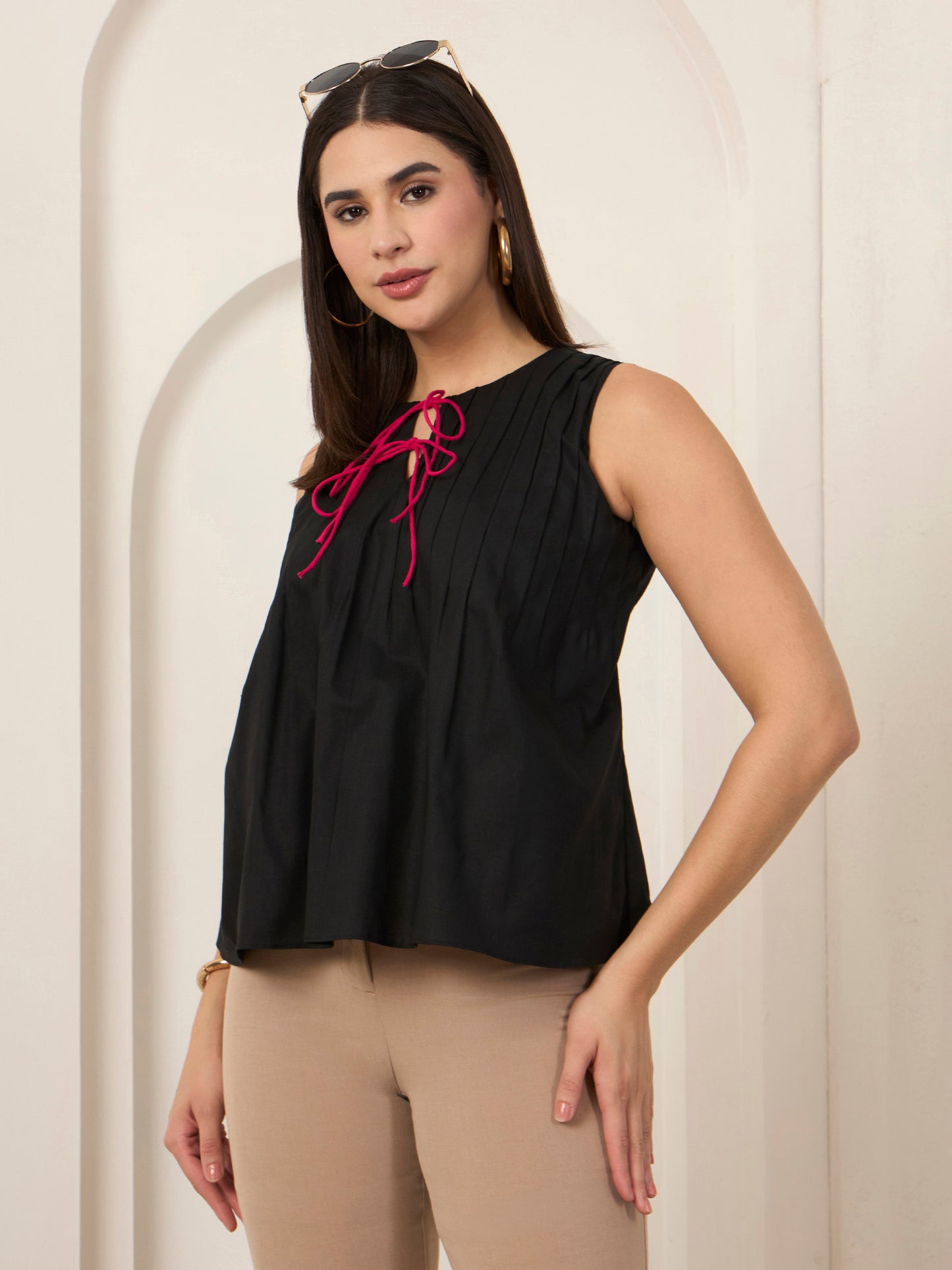Black Poplin Pin Tuck Detailed Top