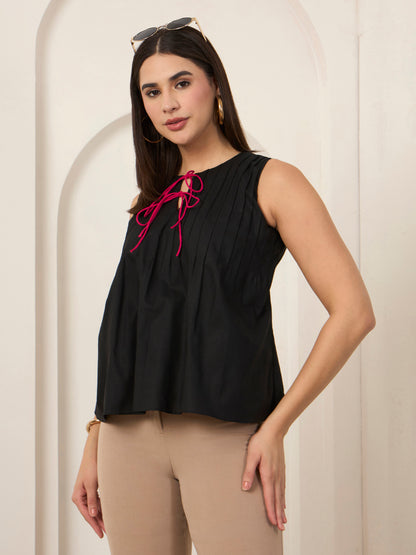 Black Poplin Pin Tuck Detailed Top