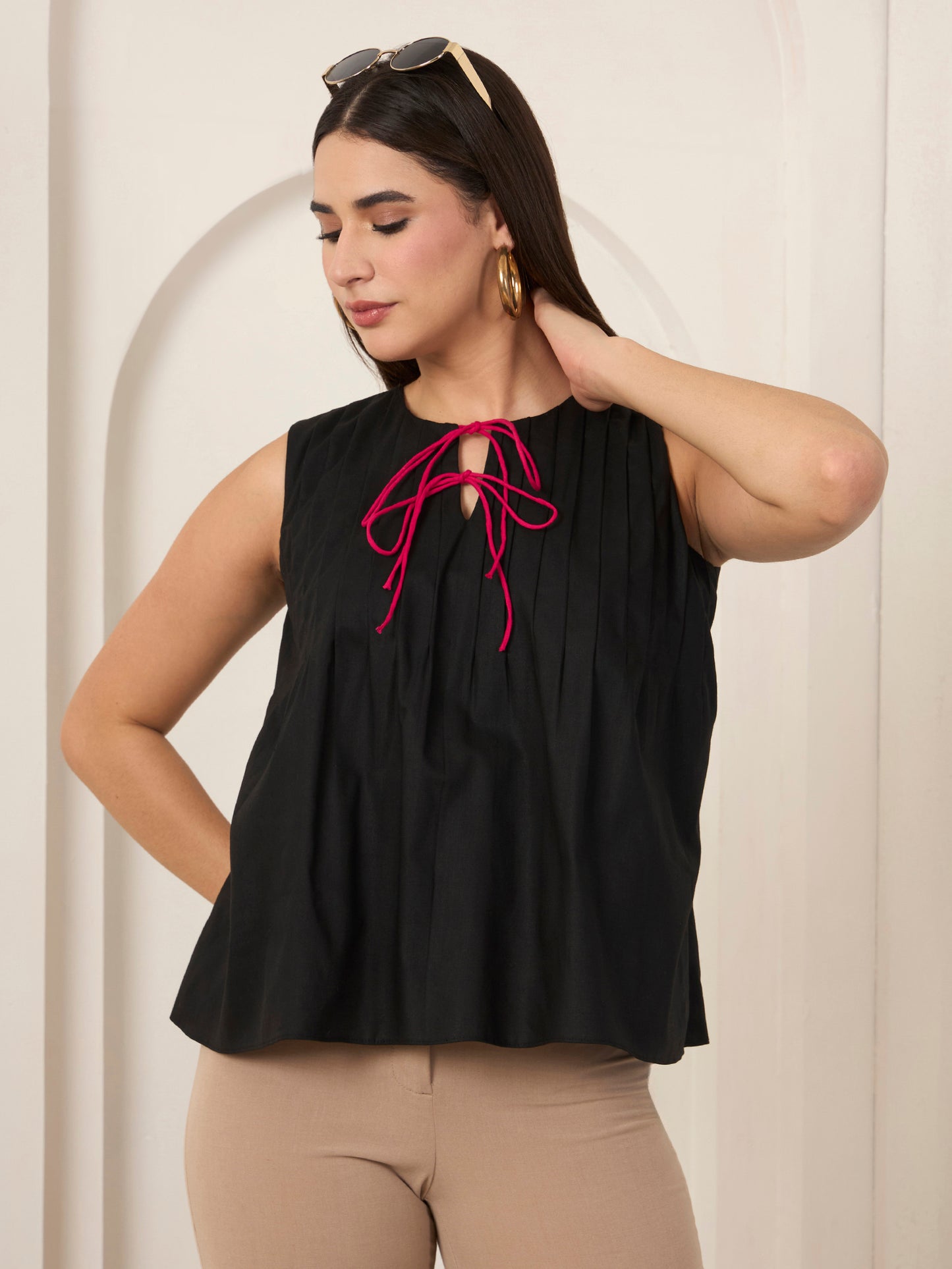 Black Poplin Pin Tuck Detailed Top
