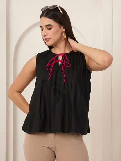 Black Poplin Pin Tuck Detailed Top