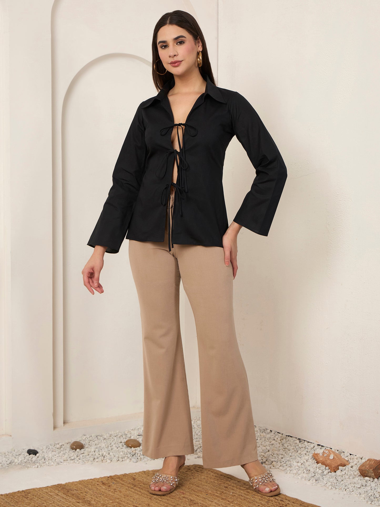 Black Poplin Front Tie-up Shirt