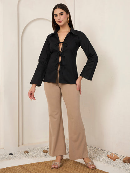 Black Poplin Front Tie-up Shirt