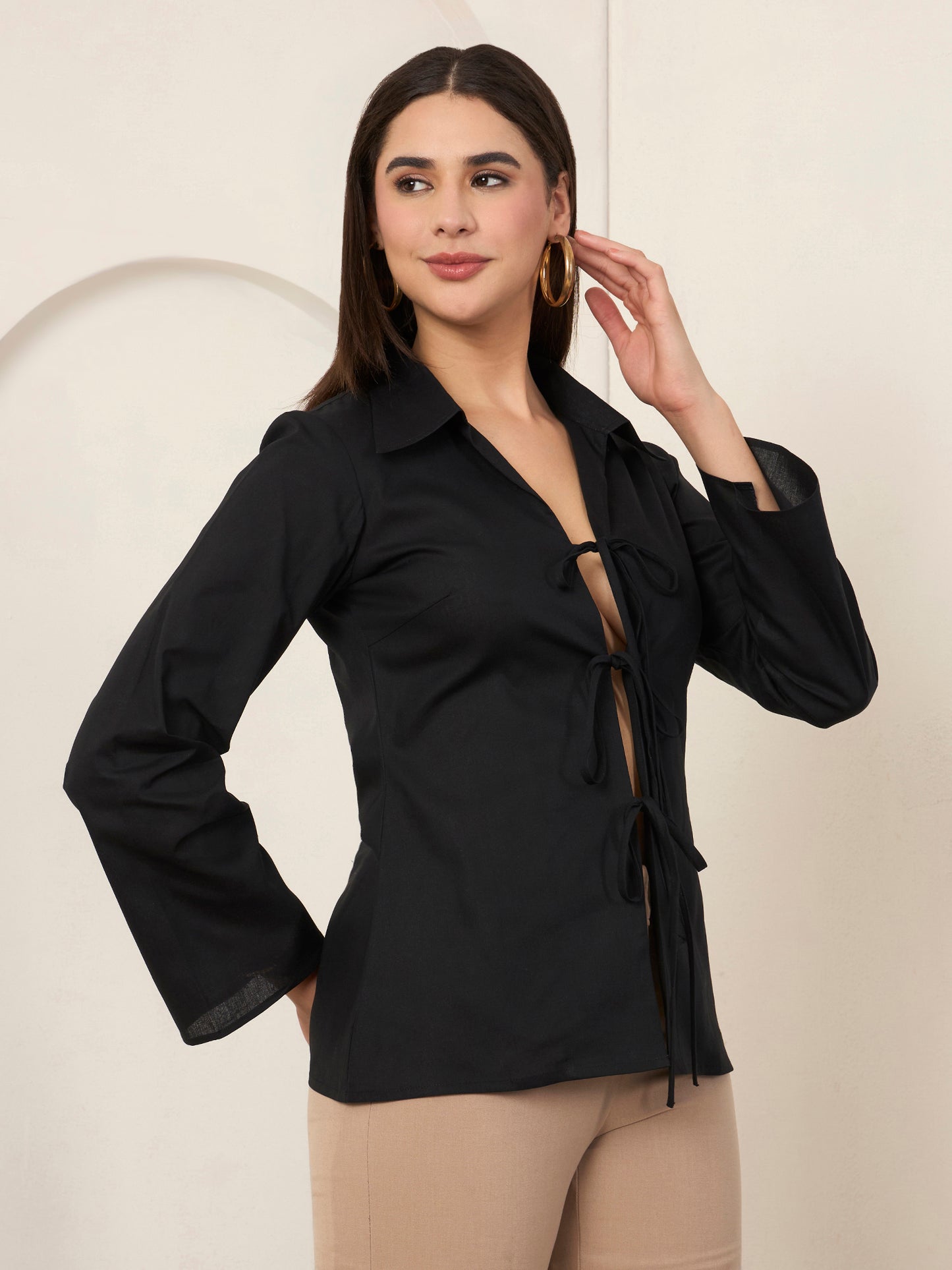 Black Poplin Front Tie-up Shirt