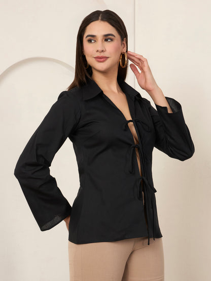 Black Poplin Front Tie-up Shirt