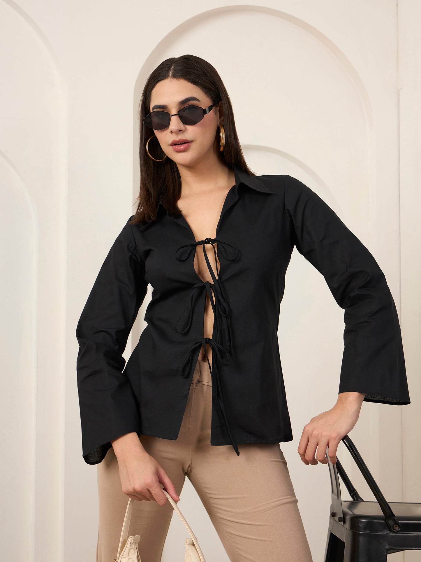 Black Poplin Front Tie-up Shirt