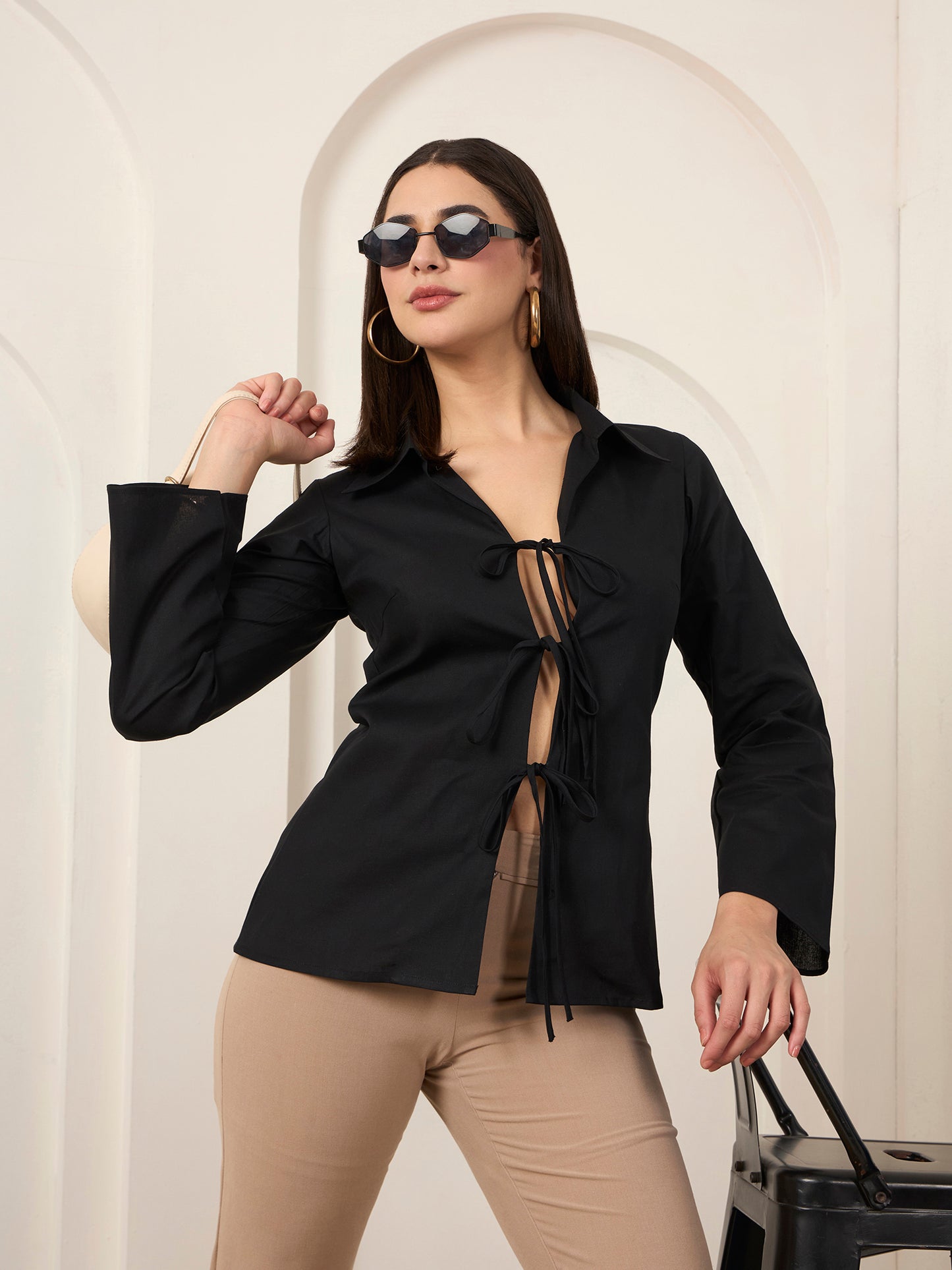 Black Poplin Front Tie-up Shirt