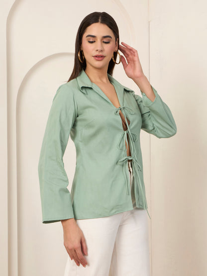 Cyan Poplin Front Tie-up Shirt