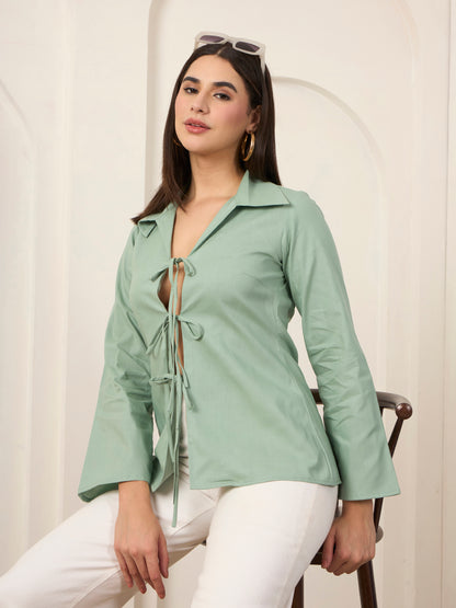 Cyan Poplin Front Tie-up Shirt