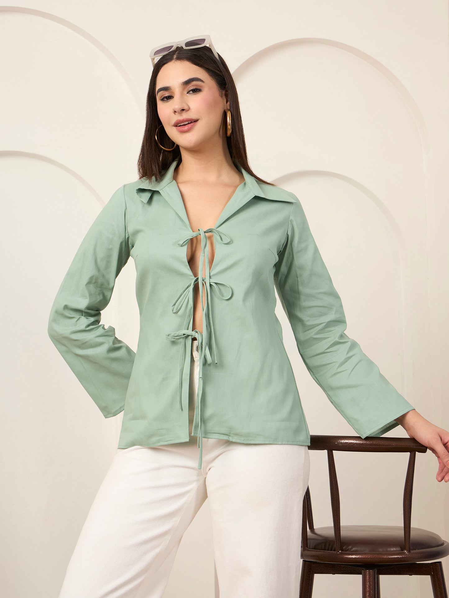 Cyan Poplin Front Tie-up Shirt